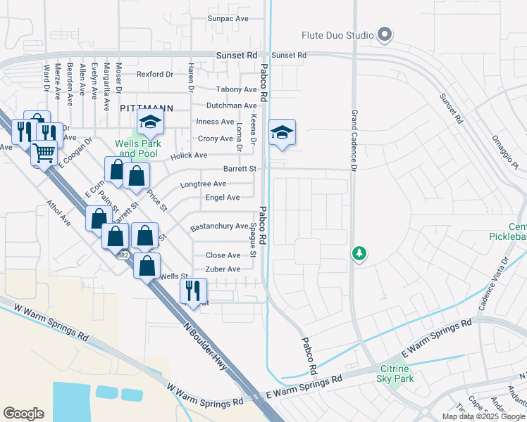 map of restaurants, bars, coffee shops, grocery stores, and more near 1400 Pabco Road in Henderson