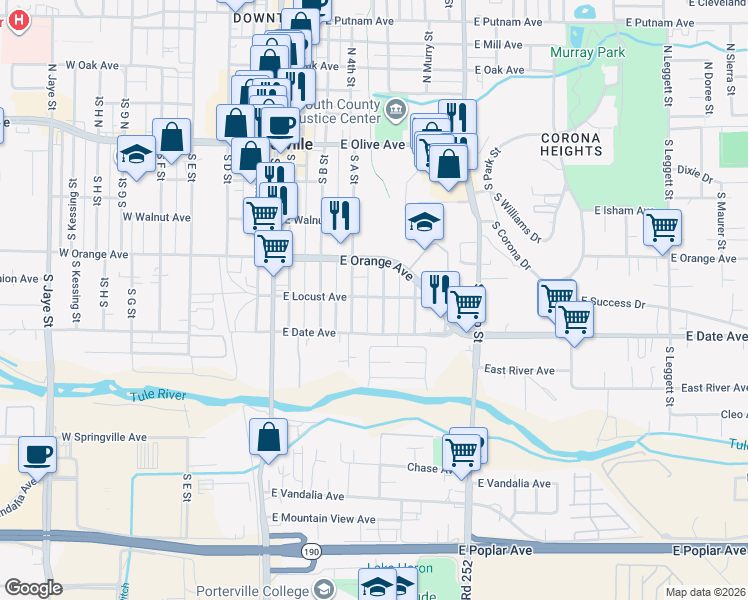 map of restaurants, bars, coffee shops, grocery stores, and more near 308 South Wallace Street in Porterville