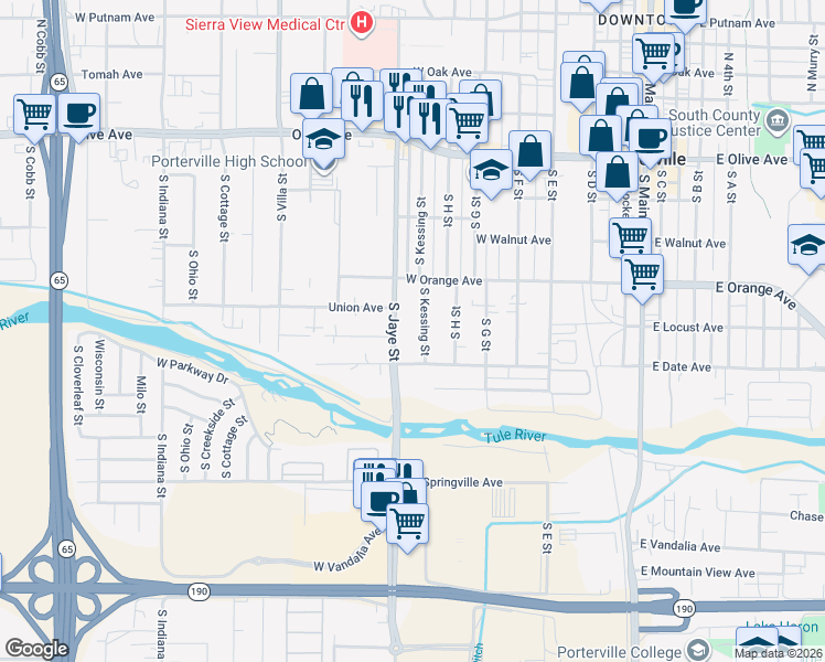 map of restaurants, bars, coffee shops, grocery stores, and more near 316 South Kessing Street in Porterville