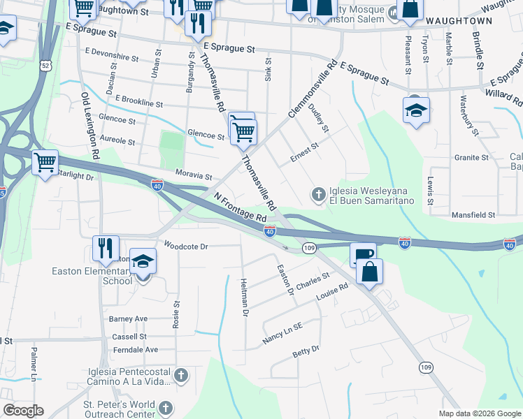 map of restaurants, bars, coffee shops, grocery stores, and more near 2924 Thomasville Road in Winston-Salem