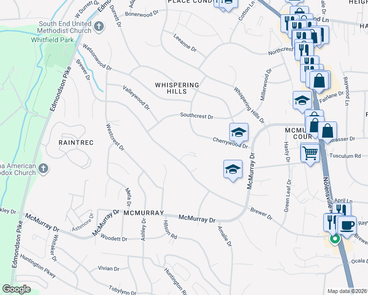 map of restaurants, bars, coffee shops, grocery stores, and more near 5009 Brewer Court in Nashville