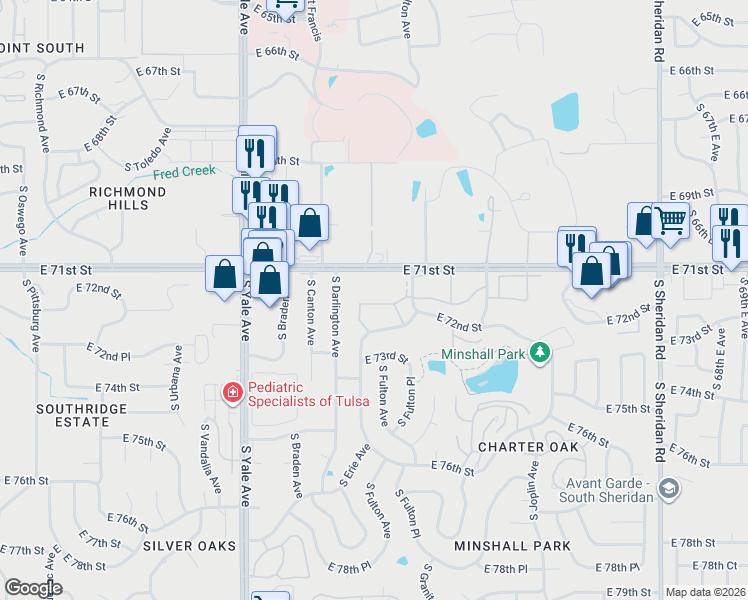 map of restaurants, bars, coffee shops, grocery stores, and more near 5404 East 71st Street in Tulsa