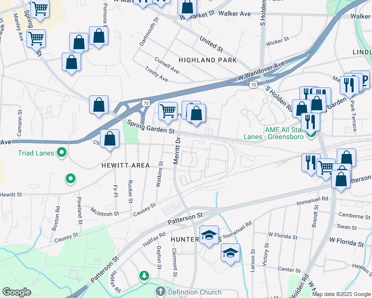 map of restaurants, bars, coffee shops, grocery stores, and more near 3627 Clifton Road in Greensboro