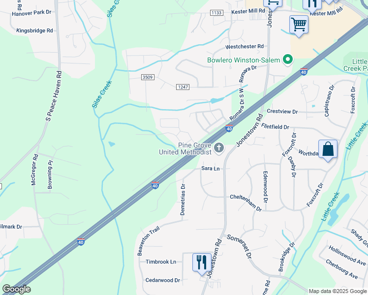 map of restaurants, bars, coffee shops, grocery stores, and more near 1258 United Court in Winston-Salem