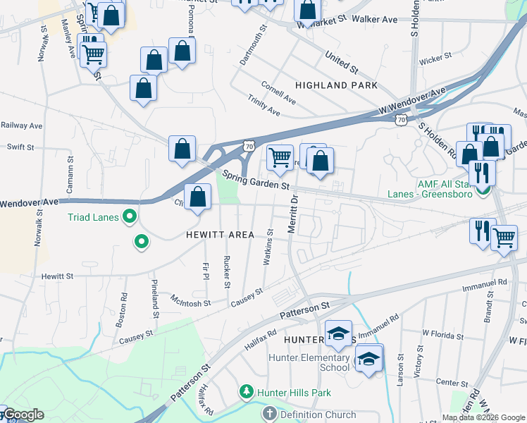 map of restaurants, bars, coffee shops, grocery stores, and more near in Greensboro