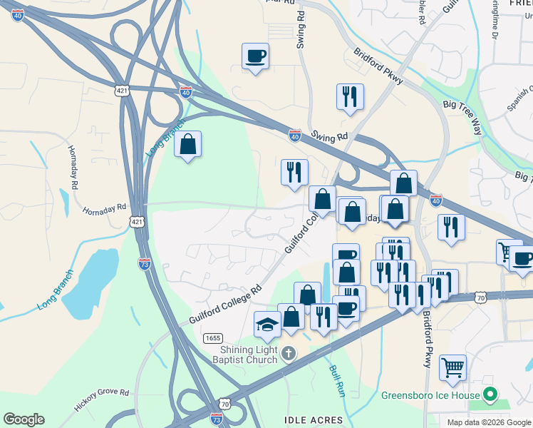 map of restaurants, bars, coffee shops, grocery stores, and more near 5529 Hornaday Road in Greensboro