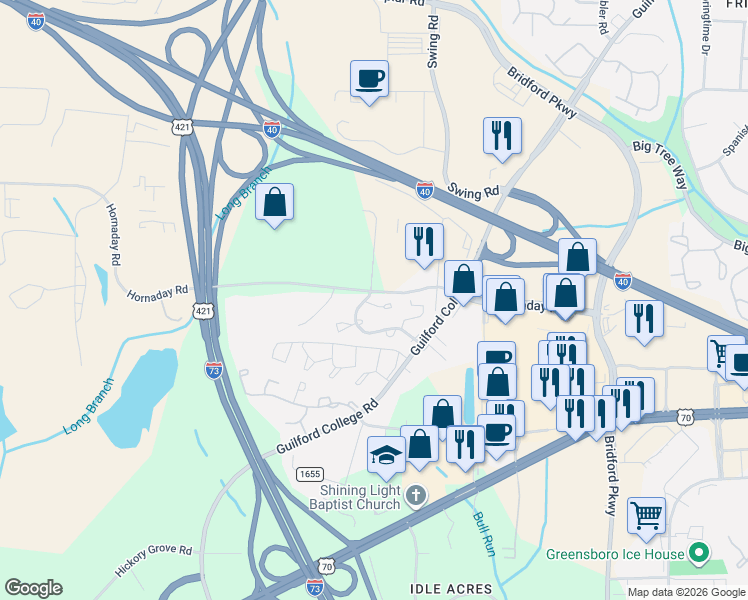 map of restaurants, bars, coffee shops, grocery stores, and more near 5529 Hornaday Road in Greensboro