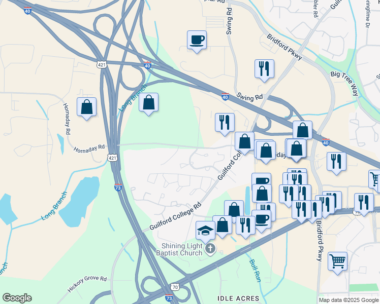 map of restaurants, bars, coffee shops, grocery stores, and more near 5519 Hornaday Road in Greensboro