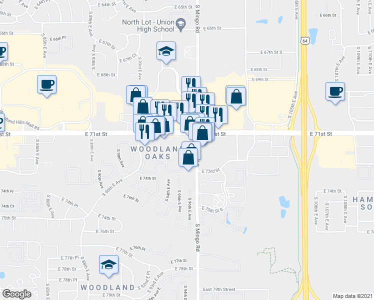 map of restaurants, bars, coffee shops, grocery stores, and more near 7112 South Mingo Road in Tulsa