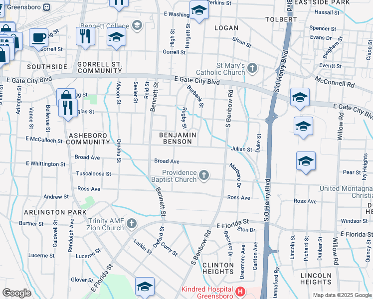 map of restaurants, bars, coffee shops, grocery stores, and more near 910 Julian Street in Greensboro