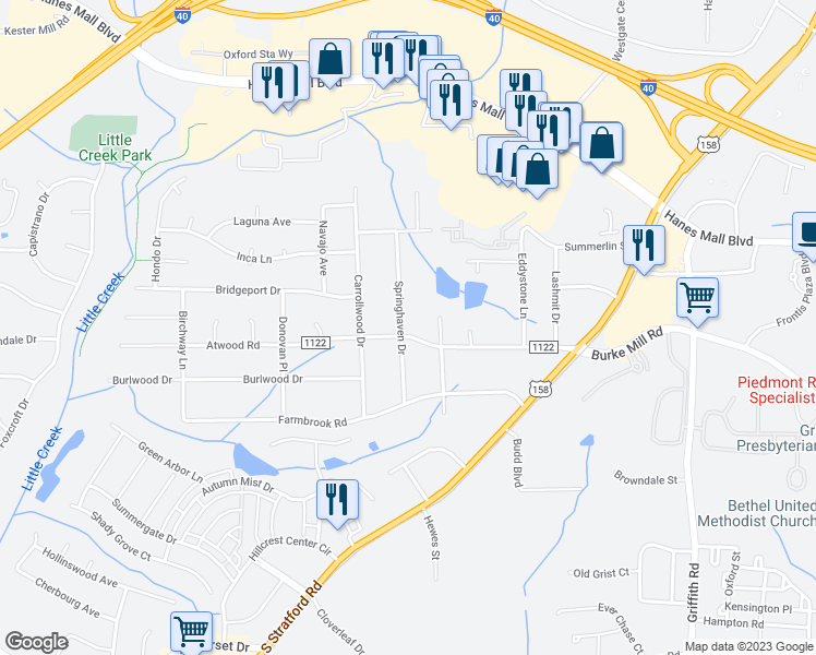 map of restaurants, bars, coffee shops, grocery stores, and more near 2531 Atwood Road in Winston-Salem
