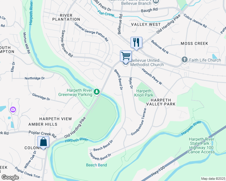 map of restaurants, bars, coffee shops, grocery stores, and more near 112 Beech Bend Court in Nashville