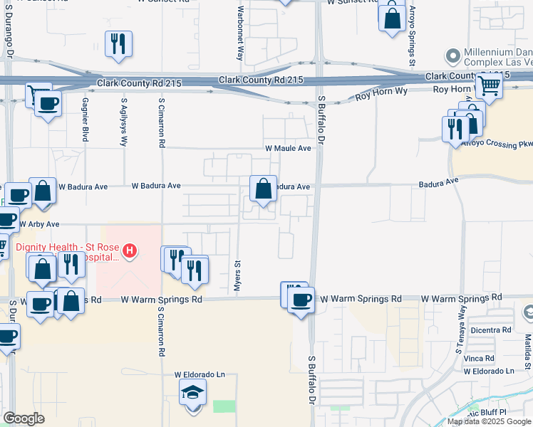 map of restaurants, bars, coffee shops, grocery stores, and more near 7955 West Badura Avenue in Las Vegas