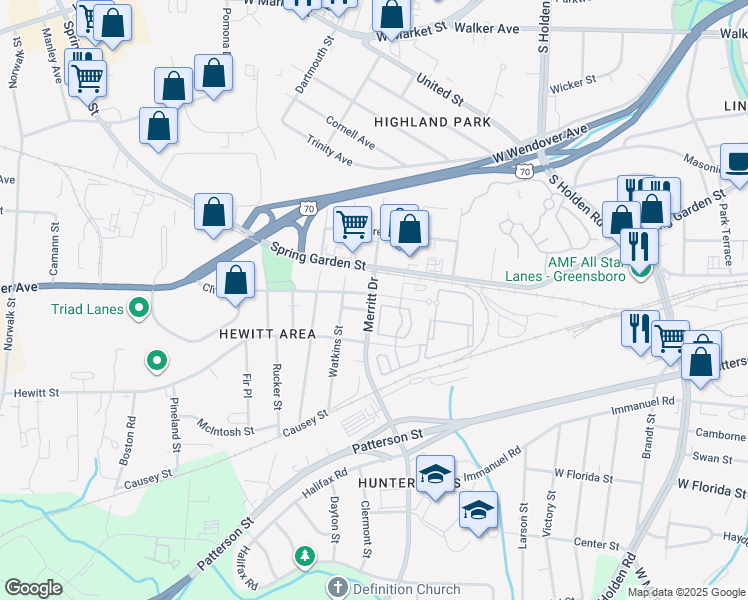 map of restaurants, bars, coffee shops, grocery stores, and more near 3651 Clifton Road in Greensboro
