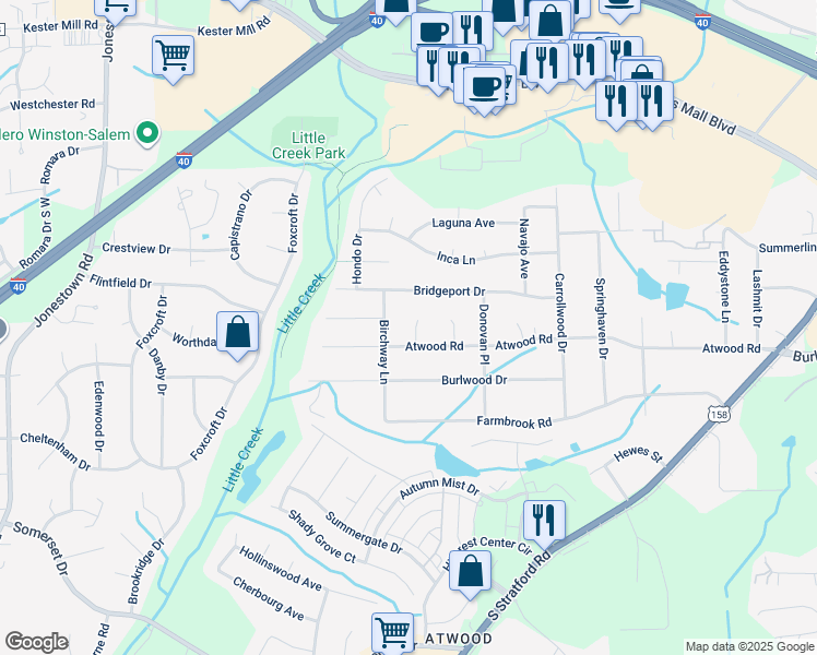 map of restaurants, bars, coffee shops, grocery stores, and more near 110 Westcliff Court in Winston-Salem