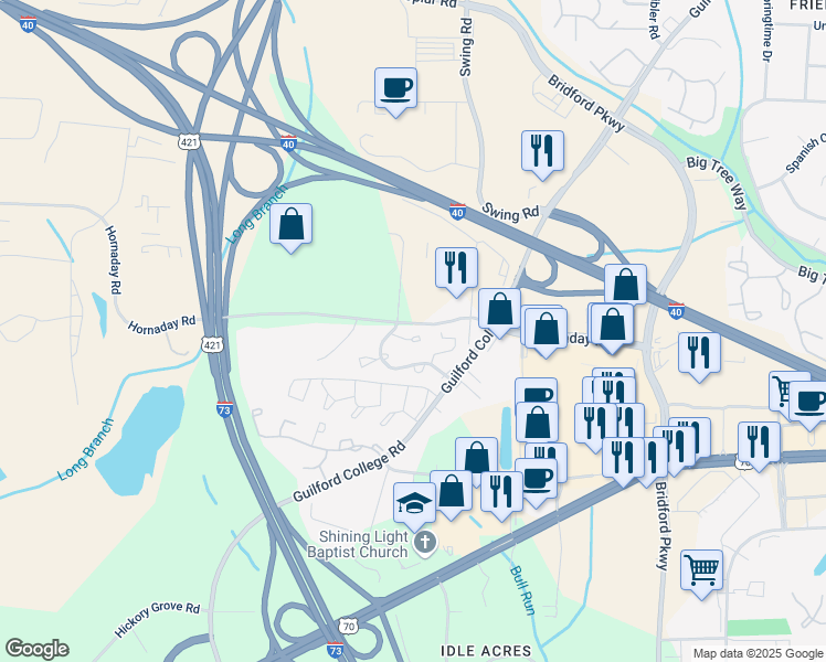 map of restaurants, bars, coffee shops, grocery stores, and more near 5529 Hornaday Road in Greensboro