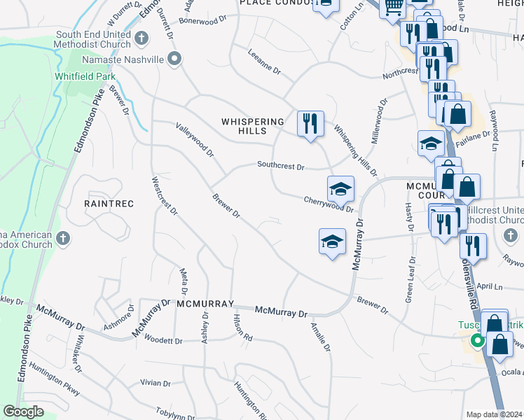 map of restaurants, bars, coffee shops, grocery stores, and more near 5009 Brewer Court in Nashville