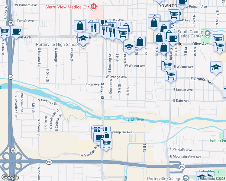 map of restaurants, bars, coffee shops, grocery stores, and more near 316 South Kessing Street in Porterville