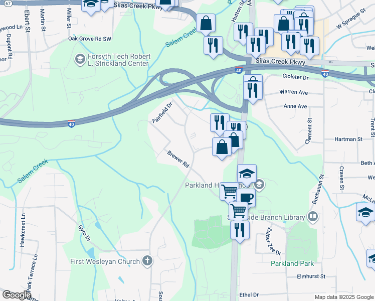 map of restaurants, bars, coffee shops, grocery stores, and more near 1349 Old Salisbury Road in Winston-Salem