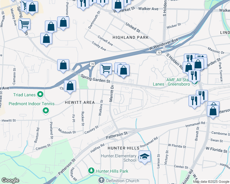 map of restaurants, bars, coffee shops, grocery stores, and more near 3629 Clifton Road in Greensboro