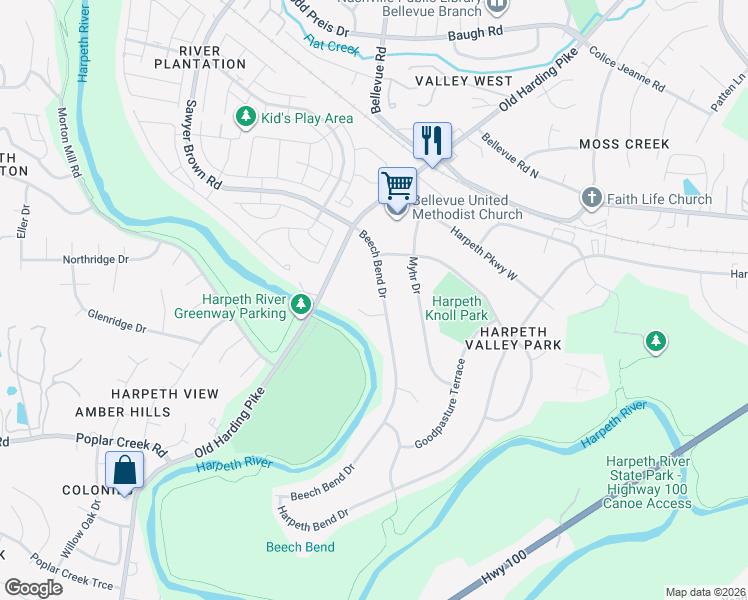 map of restaurants, bars, coffee shops, grocery stores, and more near 840 Beech Bend Drive in Nashville