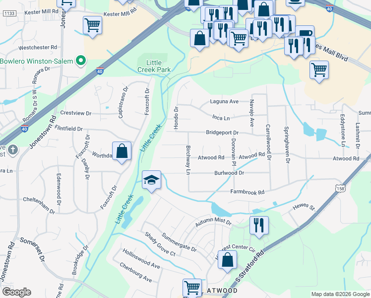 map of restaurants, bars, coffee shops, grocery stores, and more near 2900 Stonekirk Court in Winston-Salem