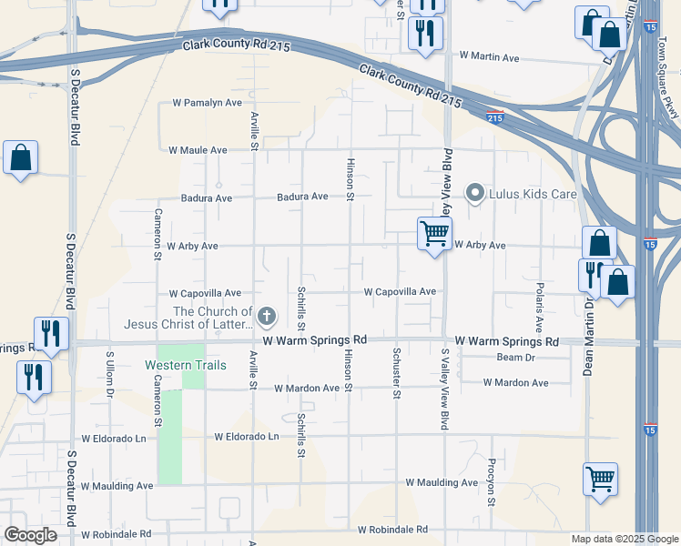 map of restaurants, bars, coffee shops, grocery stores, and more near 7171 Hinson Street in Las Vegas