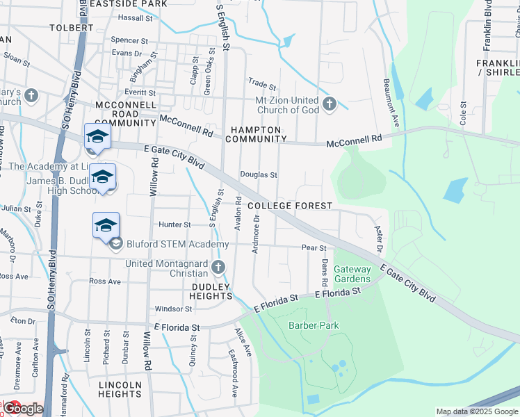 map of restaurants, bars, coffee shops, grocery stores, and more near 2501 East Gate City Boulevard in Greensboro