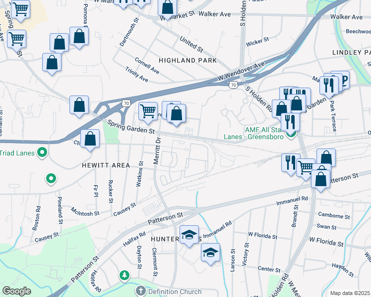 map of restaurants, bars, coffee shops, grocery stores, and more near 3614 Clifton Road in Greensboro