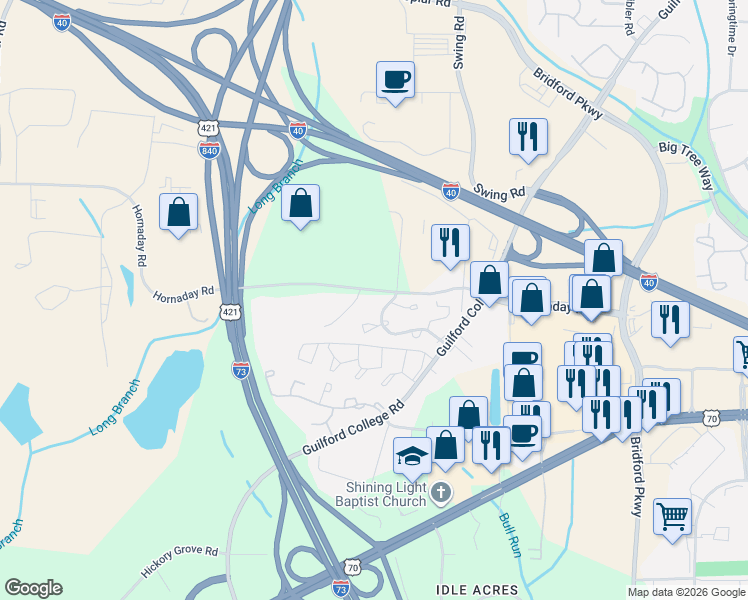 map of restaurants, bars, coffee shops, grocery stores, and more near 5519 Hornaday Road in Greensboro