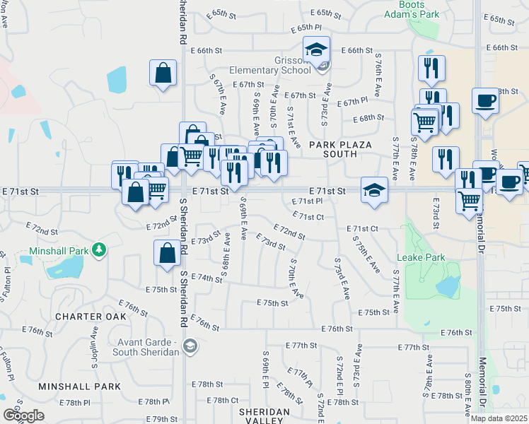 map of restaurants, bars, coffee shops, grocery stores, and more near 6927 East 72nd Street in Tulsa