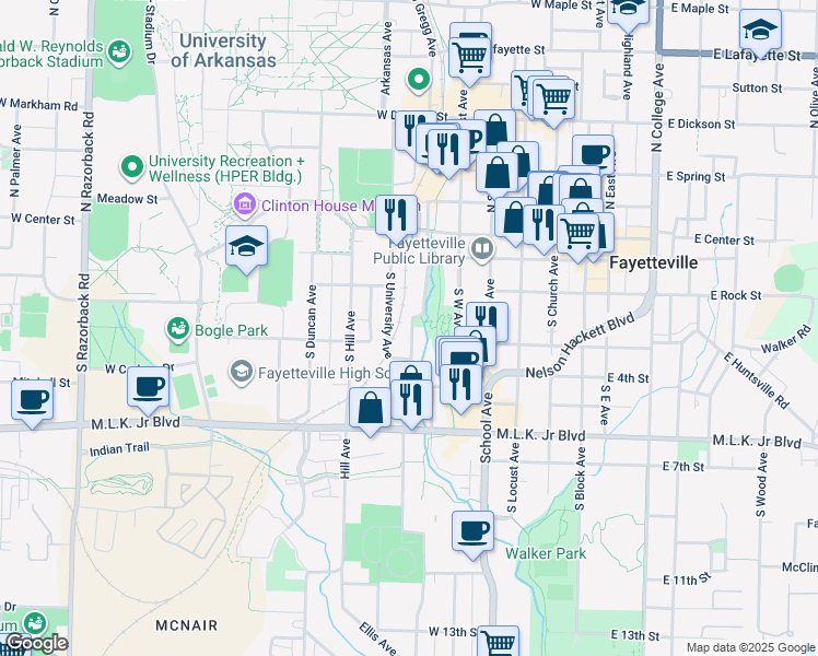 map of restaurants, bars, coffee shops, grocery stores, and more near 309 South Gregg Avenue in Fayetteville
