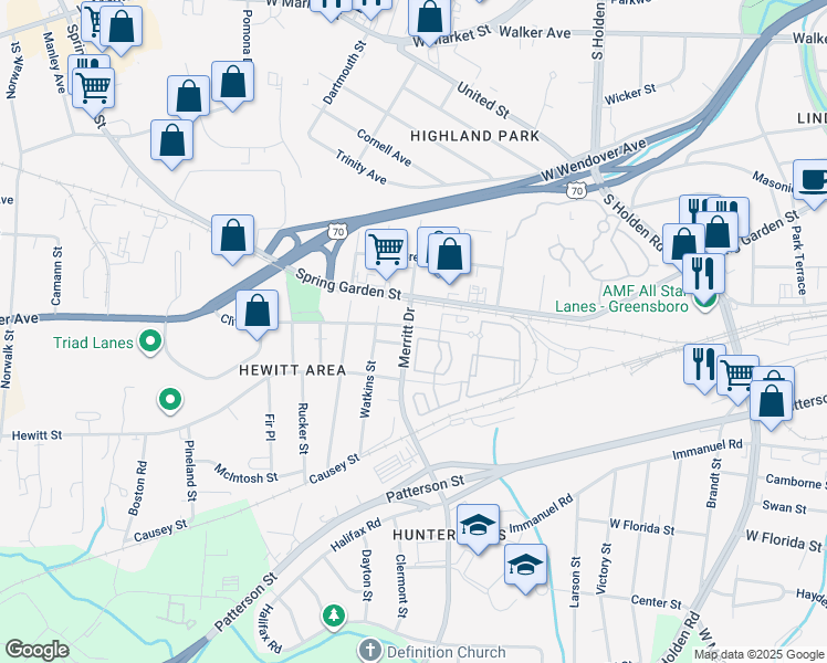 map of restaurants, bars, coffee shops, grocery stores, and more near 3631 Clifton Road in Greensboro