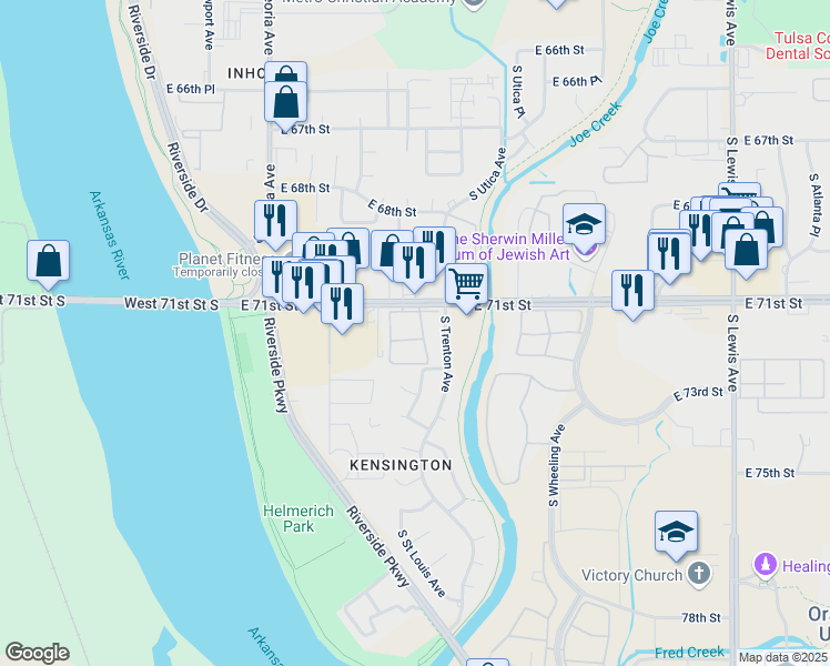 map of restaurants, bars, coffee shops, grocery stores, and more near 1542 East 71st Street in Tulsa
