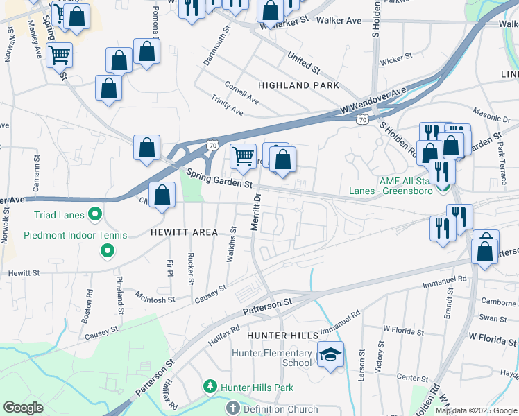 map of restaurants, bars, coffee shops, grocery stores, and more near 3637 Clifton Road in Greensboro