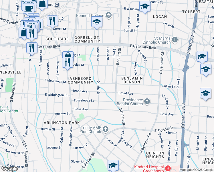 map of restaurants, bars, coffee shops, grocery stores, and more near 726 Julian Street in Greensboro