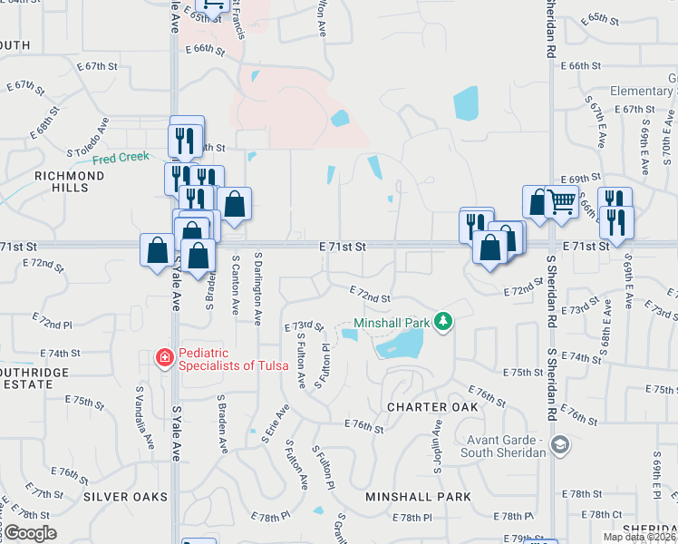 map of restaurants, bars, coffee shops, grocery stores, and more near 5601 East 71st Place in Tulsa