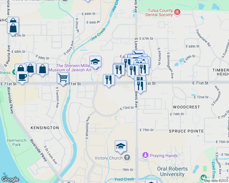 map of restaurants, bars, coffee shops, grocery stores, and more near 2136 East 71st Street in Tulsa