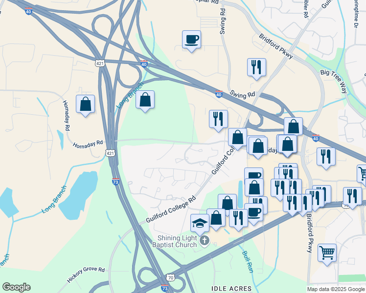 map of restaurants, bars, coffee shops, grocery stores, and more near 5519 Hornaday Road in Greensboro