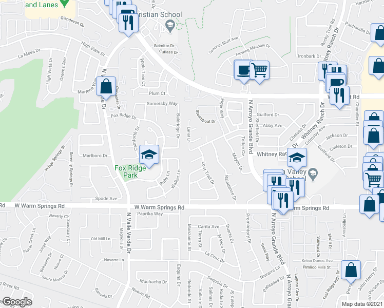 map of restaurants, bars, coffee shops, grocery stores, and more near 1738 Bluffs Drive in Henderson