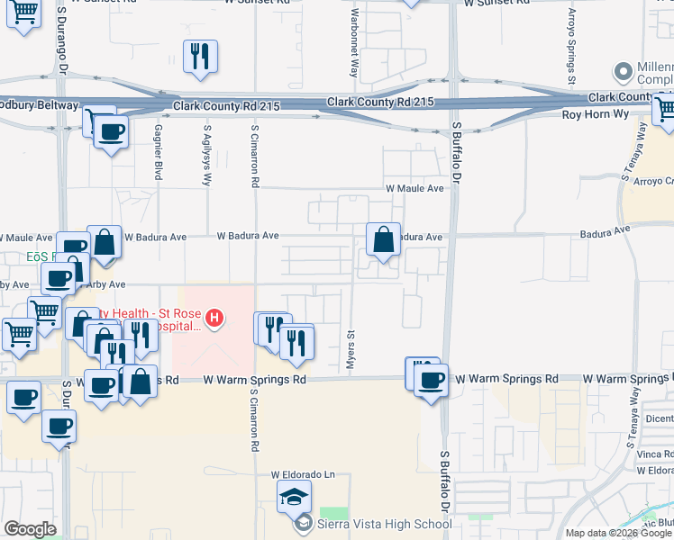 map of restaurants, bars, coffee shops, grocery stores, and more near 7062 Rose Hill Street in Las Vegas