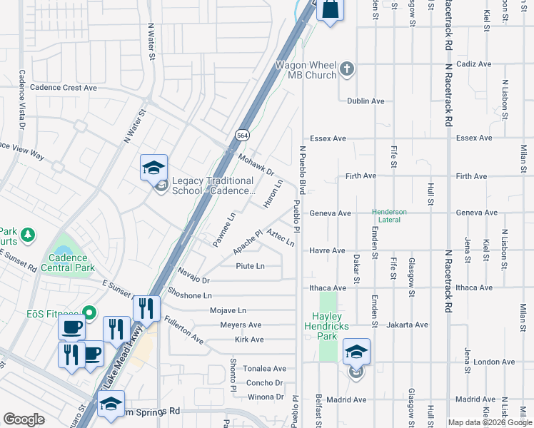 map of restaurants, bars, coffee shops, grocery stores, and more near 425 Apache Place in Henderson