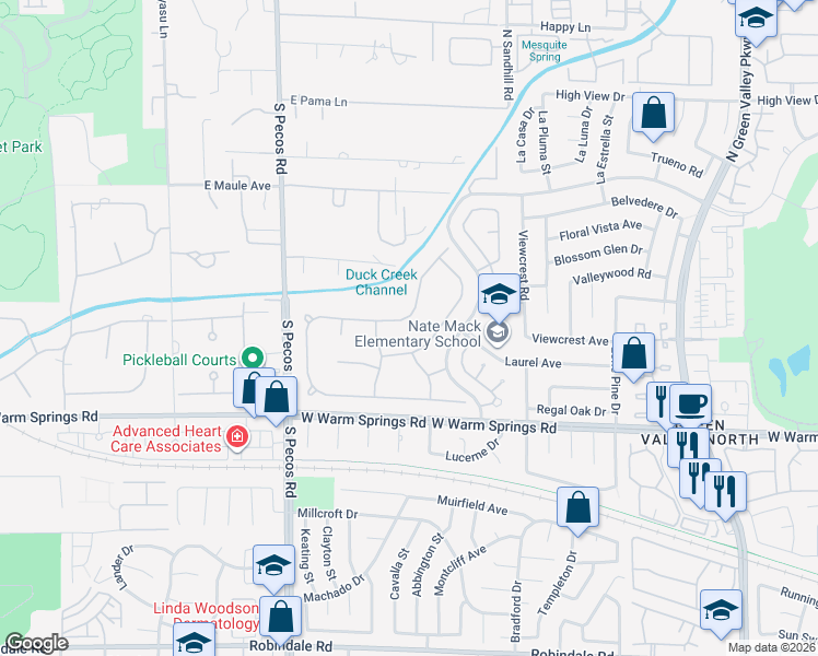 map of restaurants, bars, coffee shops, grocery stores, and more near 116 Quail Run Road in Henderson