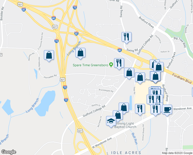 map of restaurants, bars, coffee shops, grocery stores, and more near 5519 Hornaday Road in Greensboro