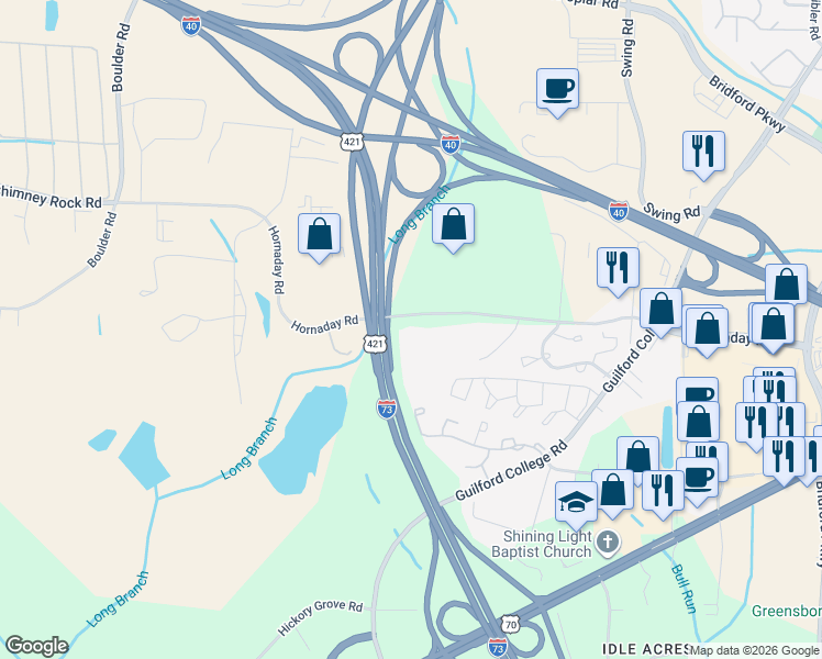 map of restaurants, bars, coffee shops, grocery stores, and more near 5623 Hornaday Road in Greensboro