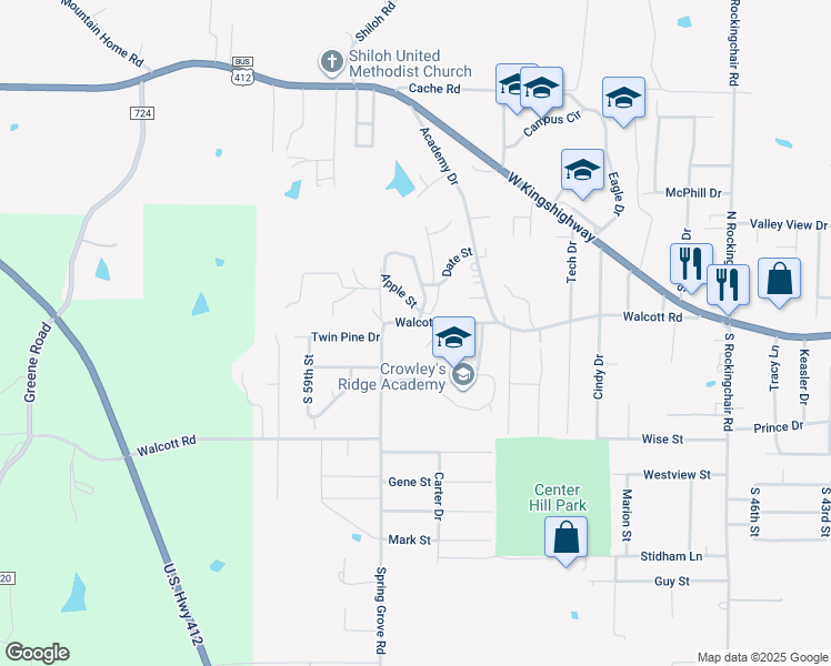 map of restaurants, bars, coffee shops, grocery stores, and more near 5506 Walcott Road in Paragould