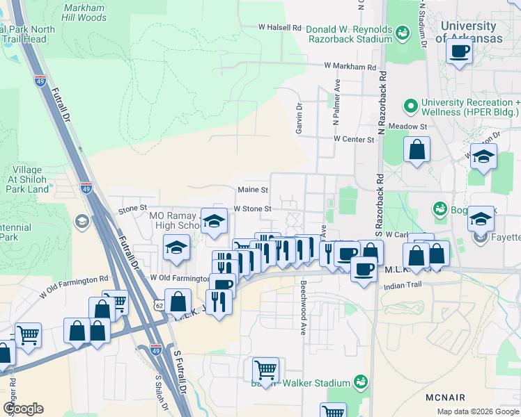 map of restaurants, bars, coffee shops, grocery stores, and more near 1932 West Stone Street in Fayetteville