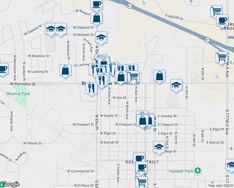 map of restaurants, bars, coffee shops, grocery stores, and more near 818 North Cedar Avenue in Broken Arrow