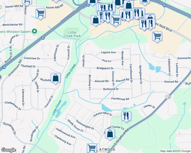 map of restaurants, bars, coffee shops, grocery stores, and more near 110 Westcliff Court in Winston-Salem