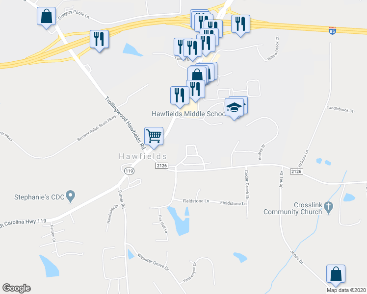 map of restaurants, bars, coffee shops, grocery stores, and more near 1911 Hawfields Crossing Lane in Mebane